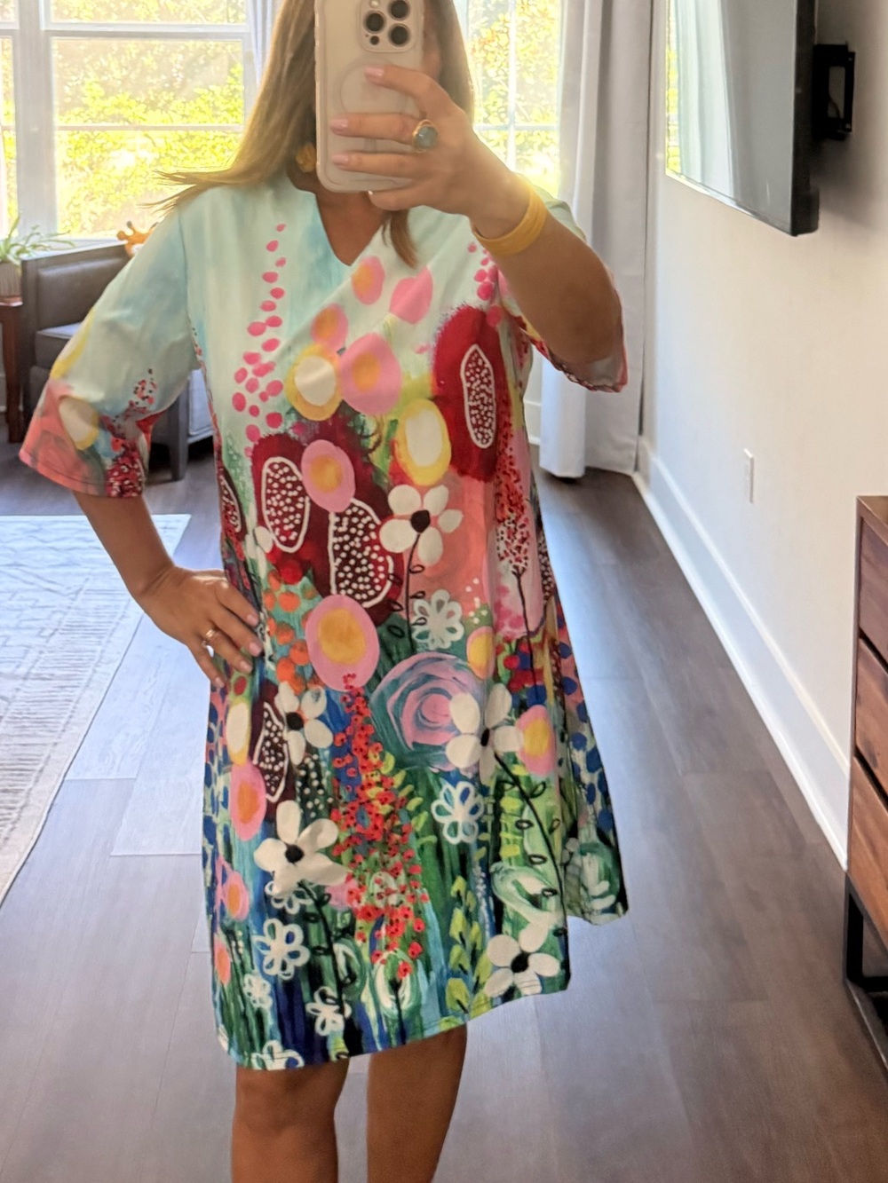 Source Unknown Multicolor Floral V-Neck Mini Dress
